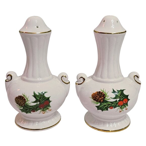 Rosina Queens Other - Rosina Queens Yuletide Salt Pepper Shakers 4" set scalloped Christmas holly gold